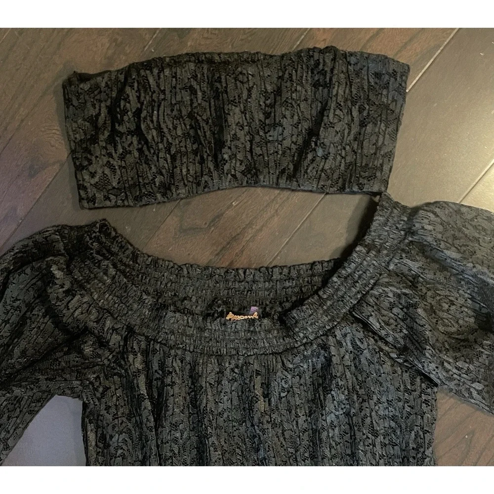 Free People Mini Dress Small Black Lace Sheer Off Shoulder Dropped Waist Boho
